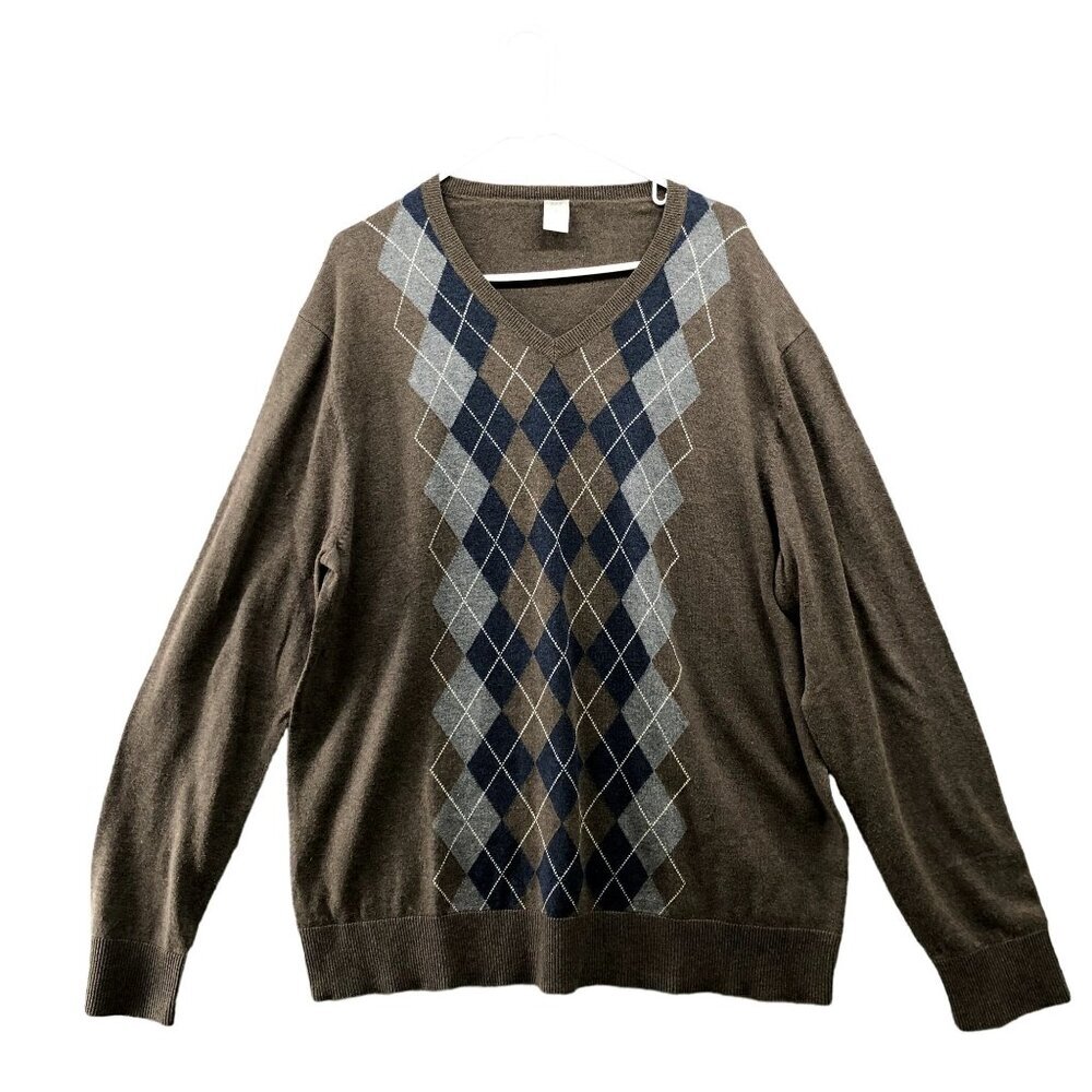 GAP Argyle Sweater Mens XL Brown V-neck Lightweight Cotton‎ Stretch Knit